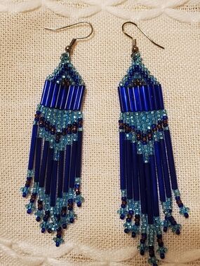 Beautiful Handmade Blue Bugle Bead Earrings
